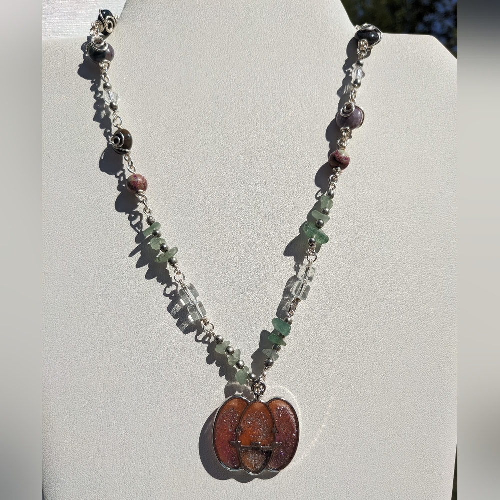 ๐SOLD๐ Pumpkin Necklace Silver Crystals Jasper Green Aventurine Artisan Resin - Picture 8 of 14